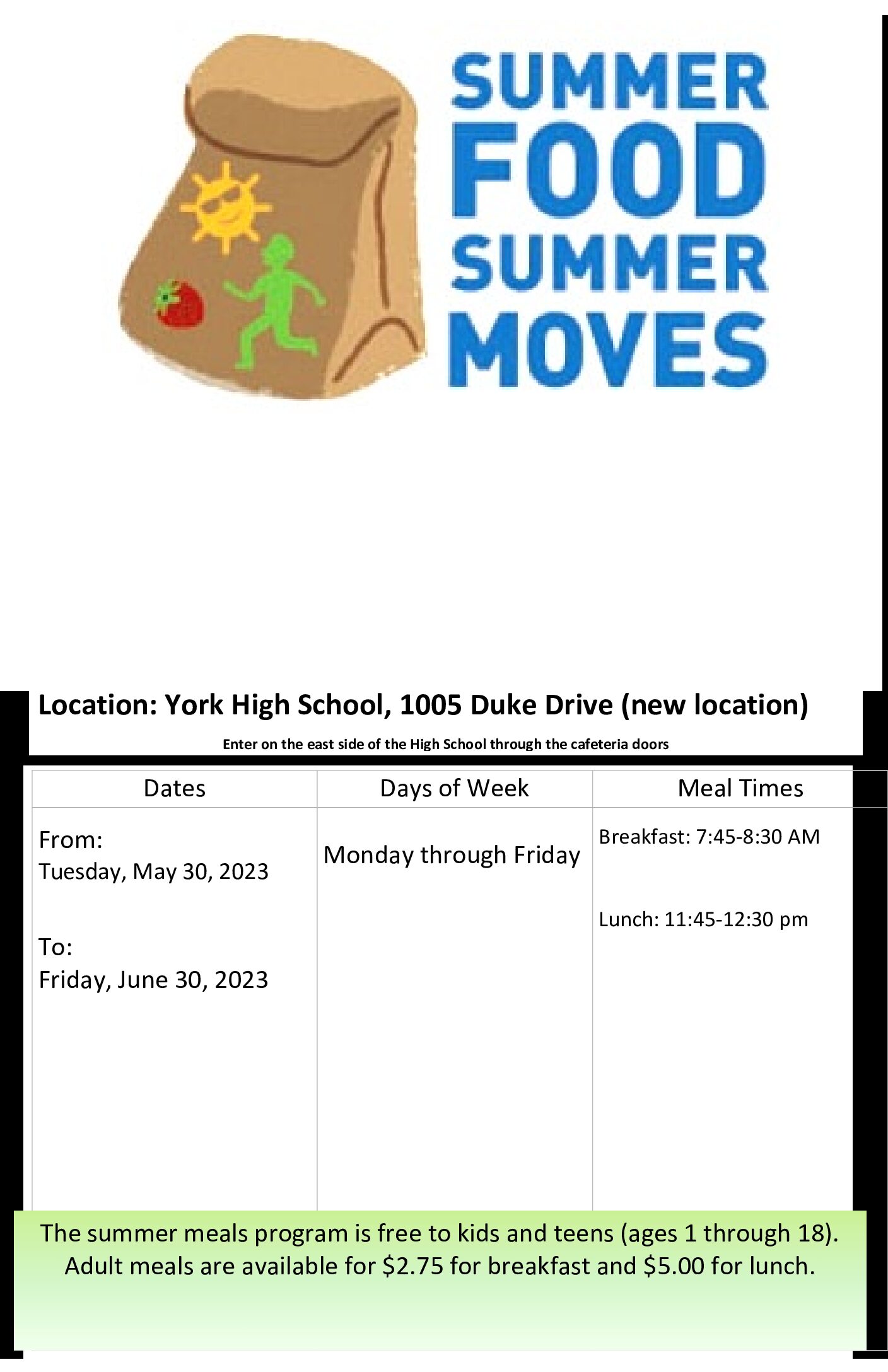 Summer Food Service Program located at York High School this year!